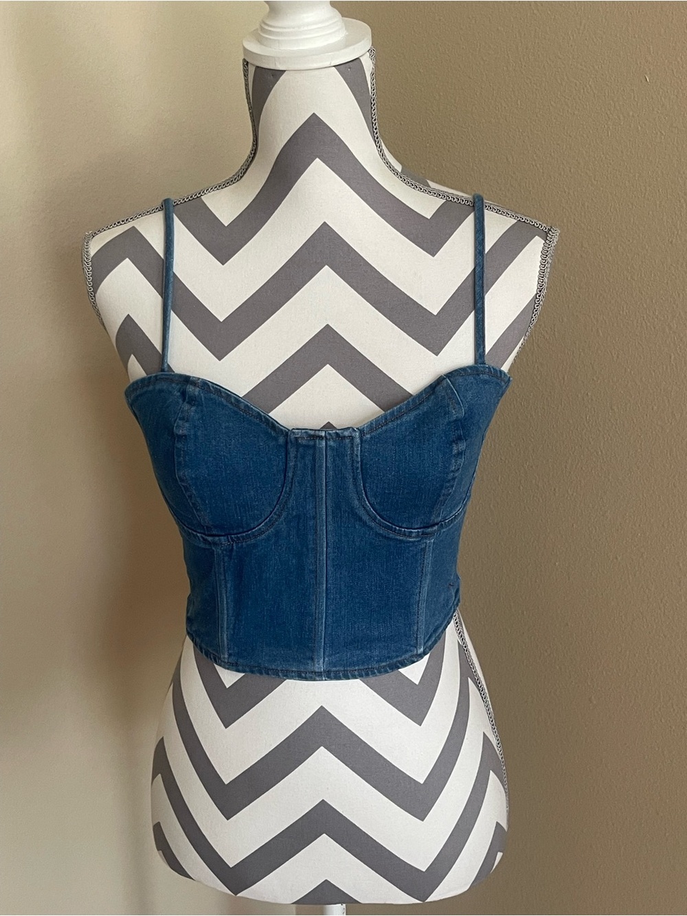 Olivaceous Blue Denim Bustier Crop Top - 98% Cotton - Size: Medium